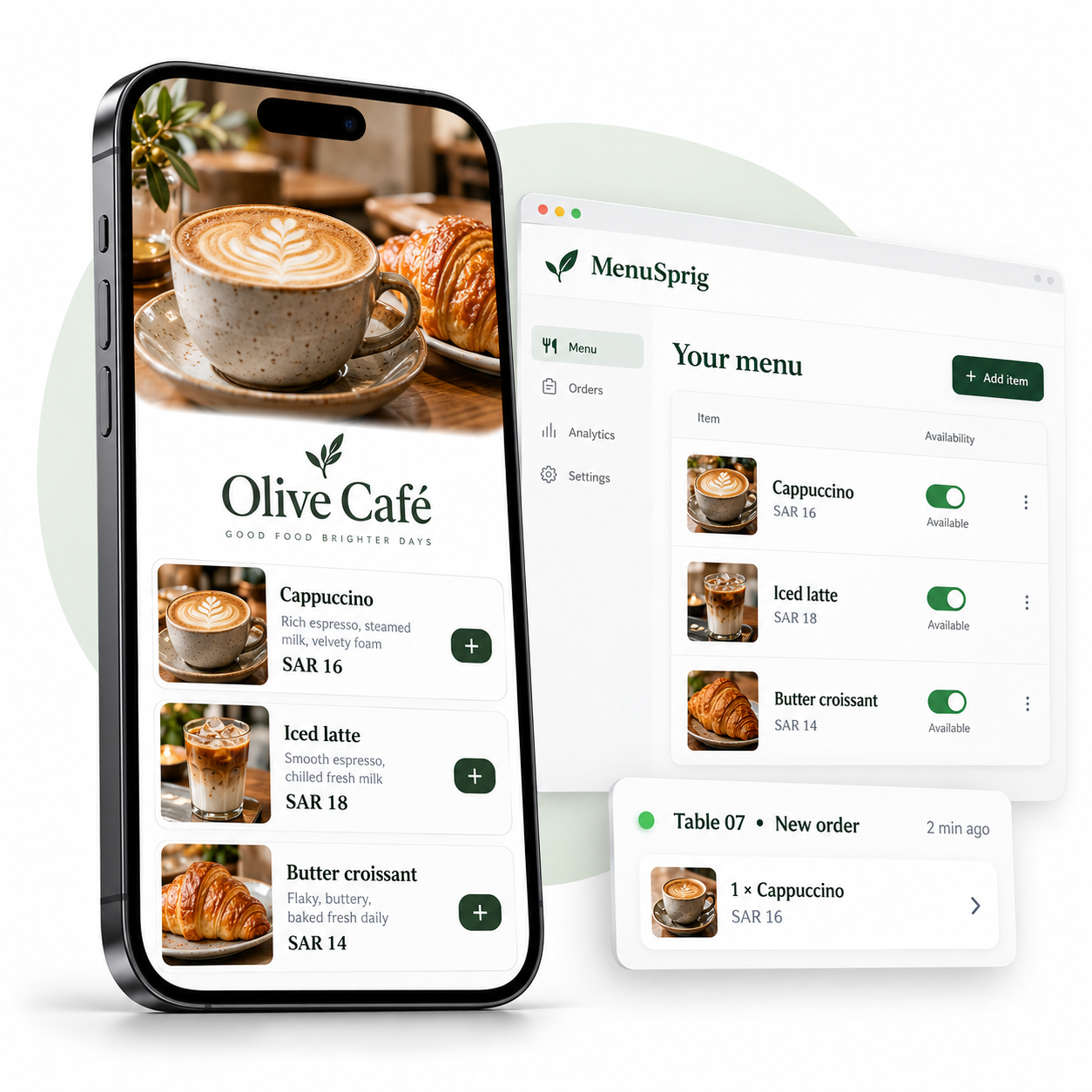 Illustrative 3D phone displaying an Olive Café menu with cappuccino, iced latte and croissant photos, beside a MenuSprig dashboard.